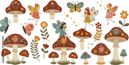 Vector illustration featuring a cartoon set of autumn trees and leaves with various forest mushrooms, red toadstools, and green grass isolated on a white background