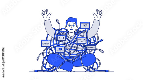 A person experiences discomfort with a feeling of being overwhelmed by tangled technology.