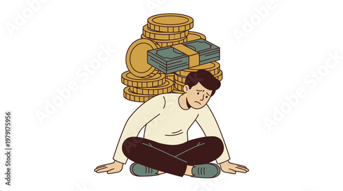 A man sits in discomfort feeling overwhelmed by stacks of coins and bills.