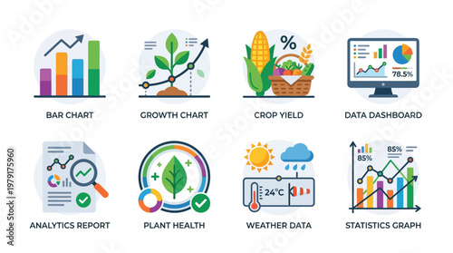 A vector set of colorful icons depicting various agricultural and data analysis elements including bar chart, growth chart, crop yield, and data dashboard on a collection of infographics.