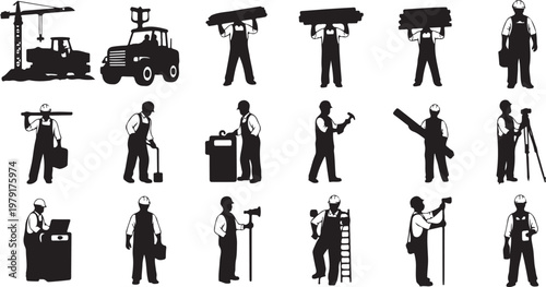 Construction workers in various poses and activities silhouette set