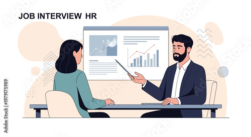 Job Interview HR: Man Explains Charts to Woman at Desk