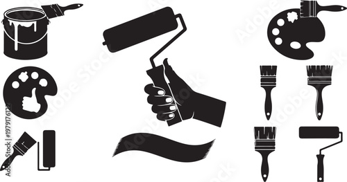 Painting tools and supplies in black silhouette on white background
