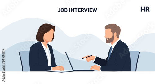 Job Interview: HR professional interviews candidate with laptop and documents