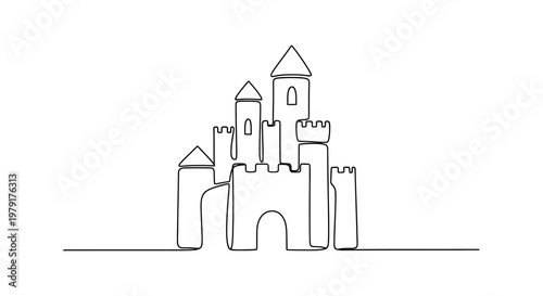 Minimalist single line drawing of a fairytale castle on a white background
