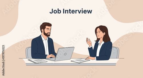 Job Interview: Man and Woman Discussing Career Opportunities at Desk with Laptop