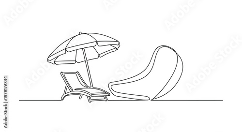 Minimalist beach scene with lounge chair, umbrella, and abstract shape, single line art