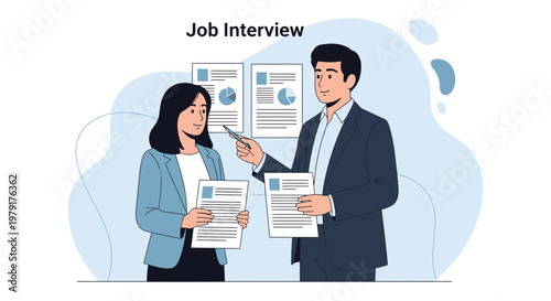 Job Interview: Man and Woman Discussing Documents in Office Setting