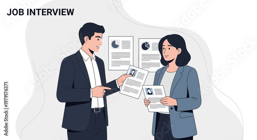 Job Interview: Man and Woman Discussing Resumes and Charts