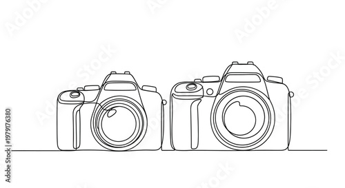Minimalist Line Art Two Cameras, One Small, One Large, Isolated on White Background