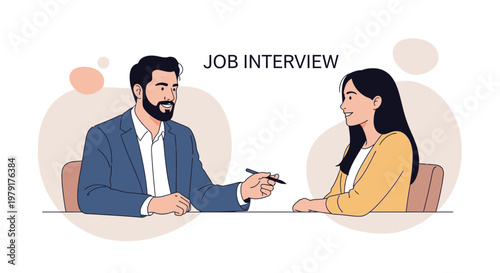 Job Interview: Man interviews woman, business meeting, hiring process, professional setting