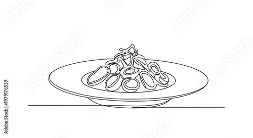 Minimalist Line Art Drawing of a Plate of Pasta with Basil