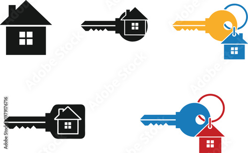 House and key icon collection with colorful keychain home symbols vector illustration set for real estate and property security concept