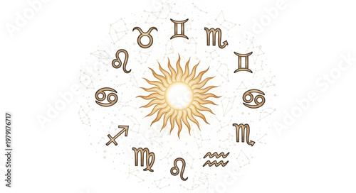 Astrology Zodiac Symbols Arranged Around A Radiant Sun Illustration.