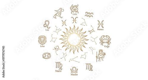 Astrology Zodiac Symbols Circle Sun Center.