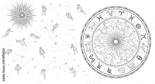 Astrology Zodiac Wheel and Constellations Celestial Map.