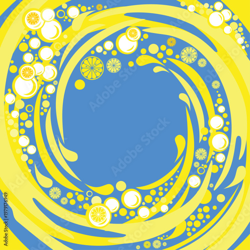 Frame. Yellow Splash.  Blank center for brochure text. Yellow bubbles background template. Single cross section of lemon. Isolated on blue background. Close-up. Vector