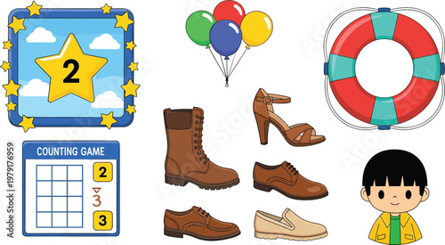 Number two counting game balloons lifebuoy footwear collection and cute boy character cartoon vector illustration set