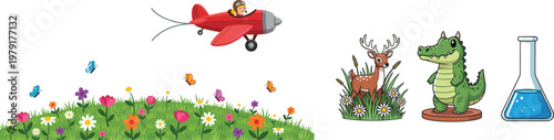 Red airplane flying over colorful flower meadow with deer crocodile and laboratory flask cartoon vector illustration collection