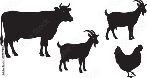 Black silhouettes of farm animals on white background illustration