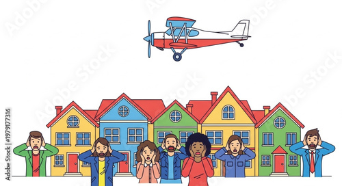 Airplane flying over houses with people covering ears.