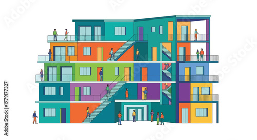 Colorful apartment building with residents on multiple balconies and stairwells