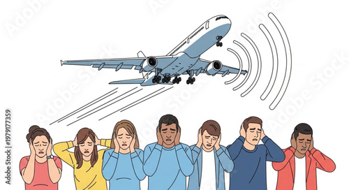 Airplane Noise Disturbs People Covering Ears.