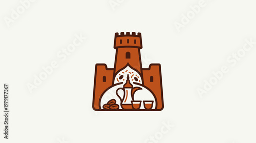 Arabic Coffee Shop Logo with Fortress and Coffee Set