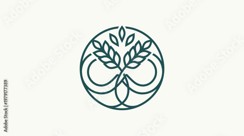 Elegant Green Wheat and Leafy Emblem on White