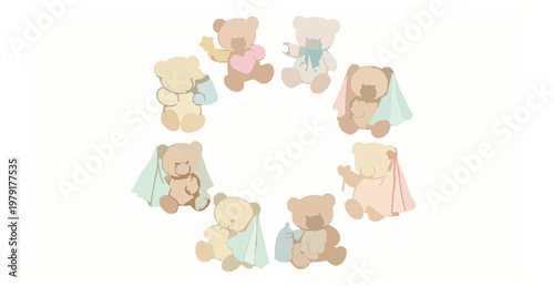 shower, watercolor, pastel, soft, toy, plush, animal, animals, infant, child, kids, sweet, love, heart, balloon, sleeping, playing, cartoon, illustration