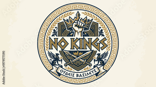 Stylish 'No Kings' Emblem with Greek Design and Text