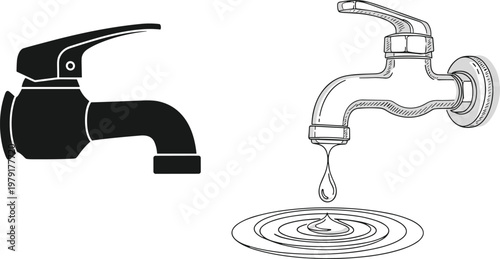 Water Faucet Vector Illustration – Detailed Faucets with Droplet and Water Ripple Effects