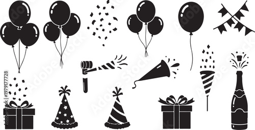Black and white party celebration icons and symbols set