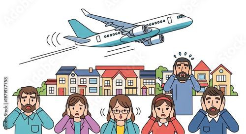 Airplane noise pollution affecting residential neighborhood people covering ears.