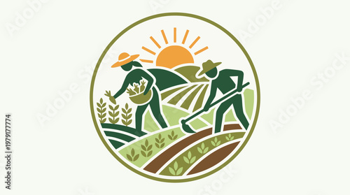 Farmers Working in a Field with Sun and Greenery