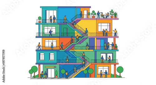 Colorful apartment building with intersecting staircases and numerous people
