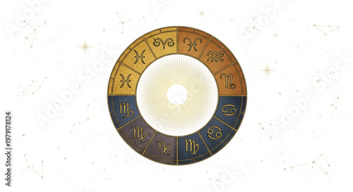 Ancient Astrological Wheel with Zodiac Symbols and Celestial Markings.