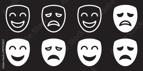 Theatrical masks vector icon set. Theater, theatre mask signs. Masquerade mask. Comedy and tragedy mask symbols.. Vector illustration. comedy and tragedy theater masks in black and red line art.