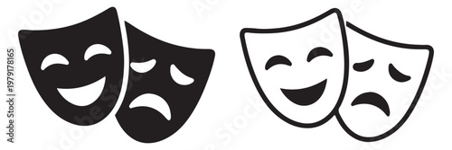 Theater Masks Icon: Happy and Sad Faces Symbolizing Drama and Emotions. Theater drama, comedy and tragedy masks. Comedy and tragedy masks outline icon with theater drama symbol minimal line vector.