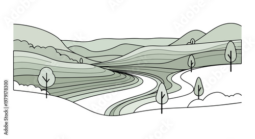 Serene Landscape Illustration with Rolling Hills Trees.