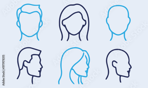 Diverse Human Head Silhouettes: Front and Side Profile Line Art Icons