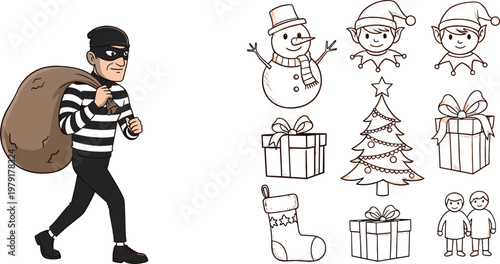 Cartoon burglar character with Christmas doodle icons including snowman gifts tree stocking and kids vector illustration collection