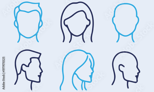 Diverse Human Head Silhouettes: Front and Profile Views, Line Art