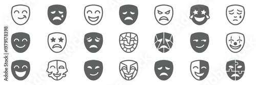 Theater and Drama Mask Outline Icon Set – Comedy Tragedy Happy Sad Emotion Face Mask Thin Line Vector Icons for Performance Art, Entertainment, App UI UX Design.