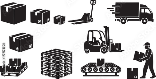 Logistics and transportation icons with boxes and forklifts