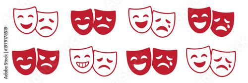 Theater masks icons set, theatrical and masquerade mask symbols, comedy and tragedy designs, stage performance, drama, acting, play, vector illustration for websites, apps, posters. comedy and tragedy