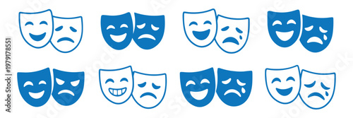 Theatrical masks vector icon set, theater theatre mask signs, masquerade mask, comedy and tragedy mask symbols, drama performance icons, flat illustration. Comedy and tragedy theater masks icon set.