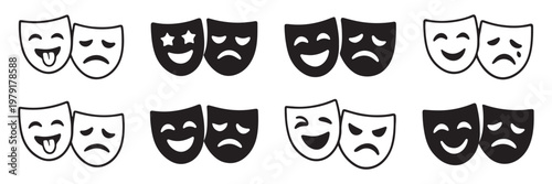 Theater masks icons set, theatrical and masquerade mask symbols, comedy and tragedy designs, stage performance, drama, acting, play, vector illustration for websites, apps, posters. comedy and tragedy