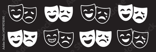 Theater masks icons set, theatrical and masquerade mask symbols, comedy and tragedy designs, stage performance, drama, acting, play, vector illustration for websites, apps, posters. comedy and tragedy