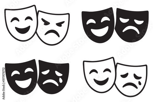 black theatre mask icon vector. Theatrical masks vector icon set, theater theatre mask signs, masquerade mask, comedy and tragedy mask symbols, drama performance icons, flat illustration. drama